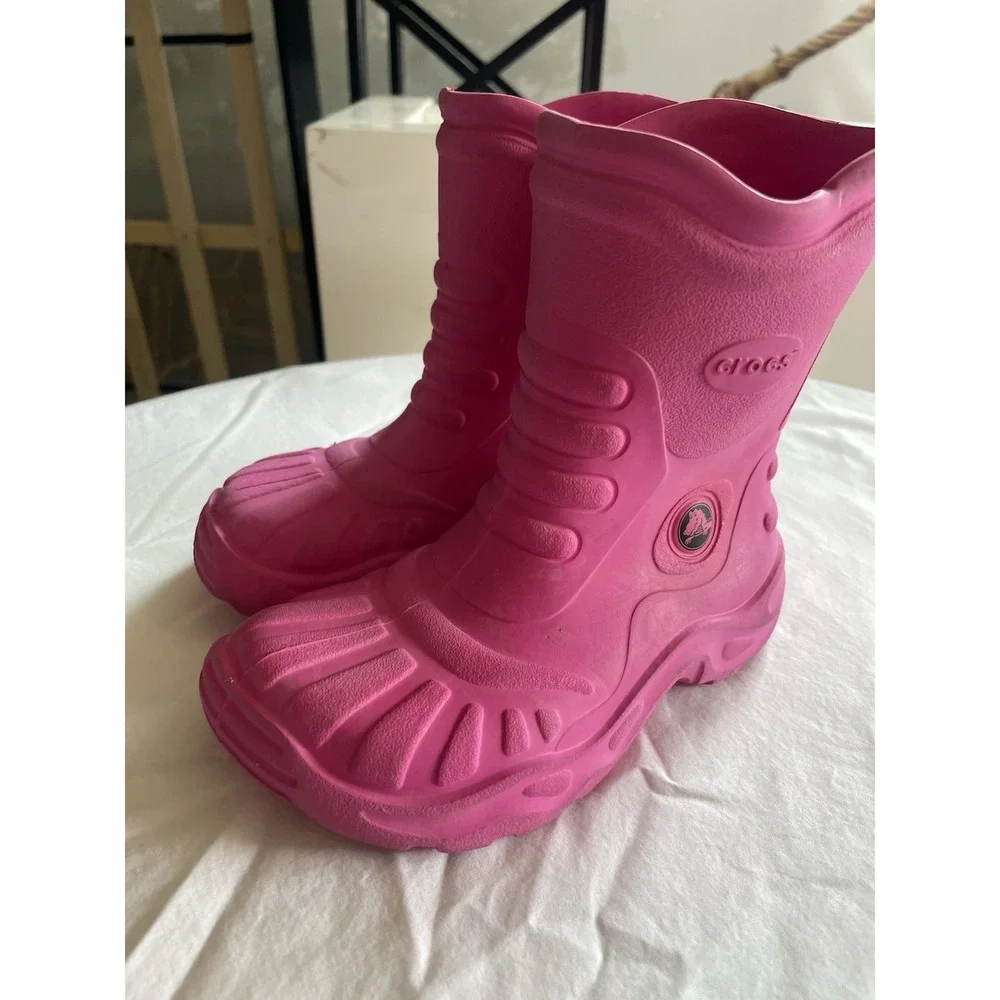 CROCS Youth Big Kids Size 1 Pink Rubber Pull On Crocband  Jaunt Rain Boots